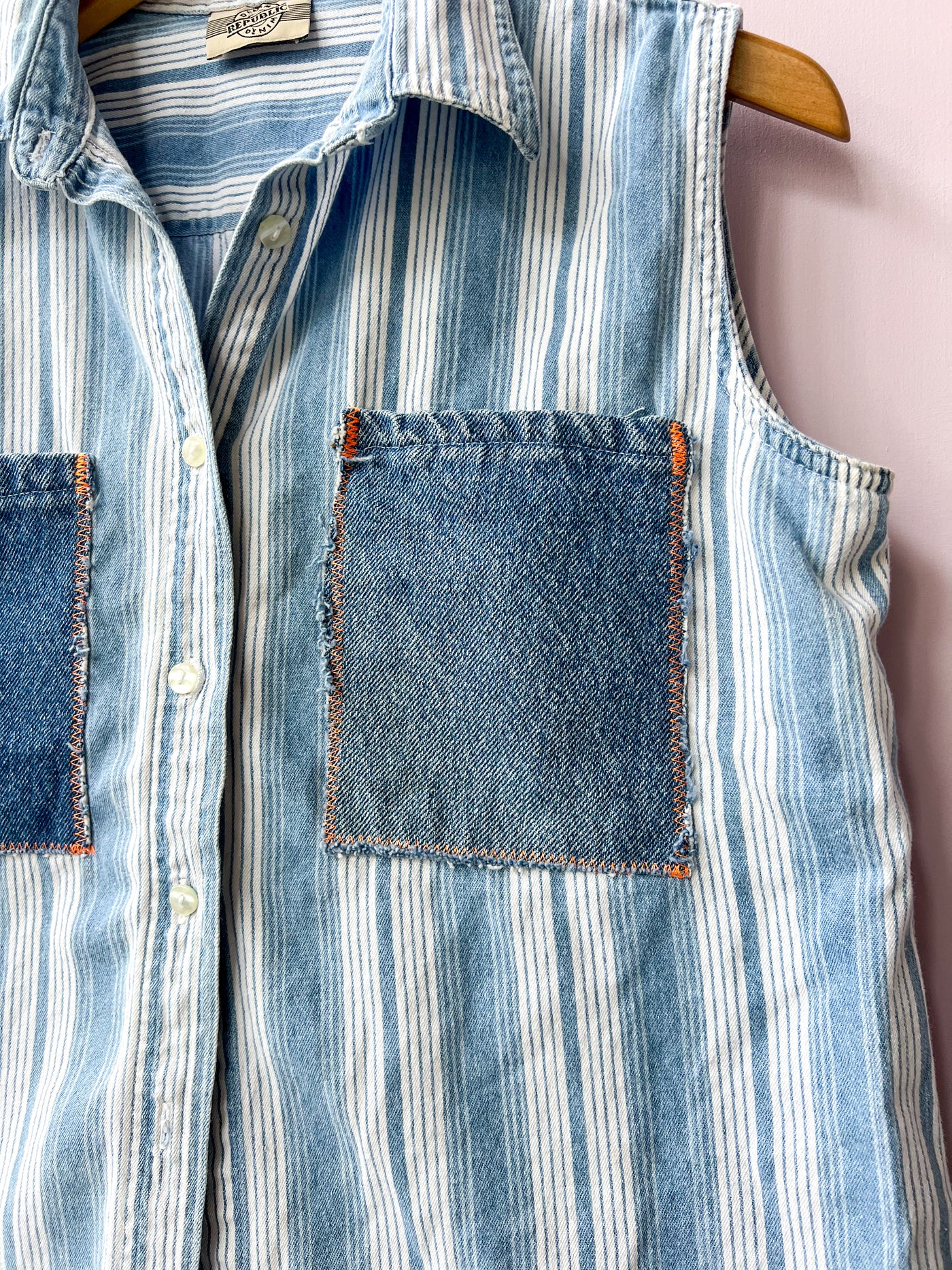 Double Denim Upcycled Sleeveless Shirt L