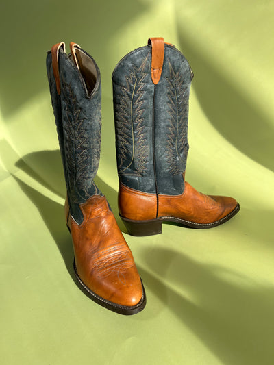 Tan Cowboy Boot Blue Suede