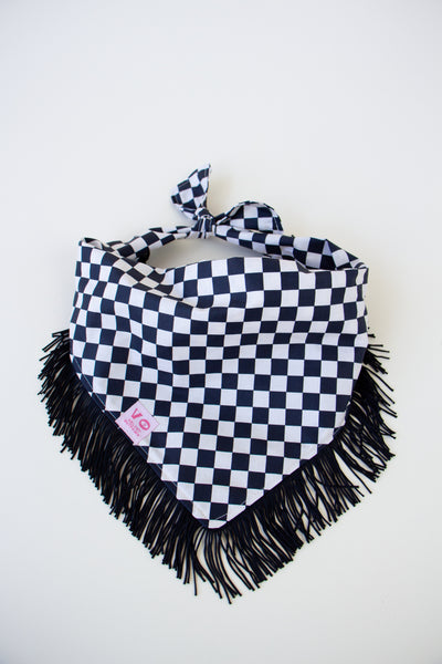 Black & White Checker with Black Fringe Dog Bandana