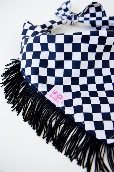 Black & White Checker with Black Fringe Dog Bandana