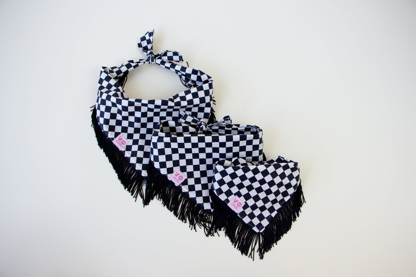 Black & White Checker with Black Fringe Dog Bandana