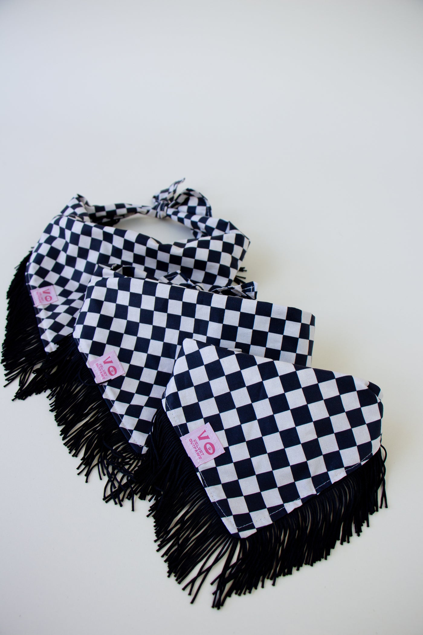 Black & White Checker with Black Fringe Dog Bandana