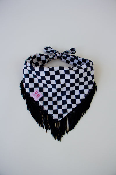 Black & White Checker with Black Fringe Dog Bandana