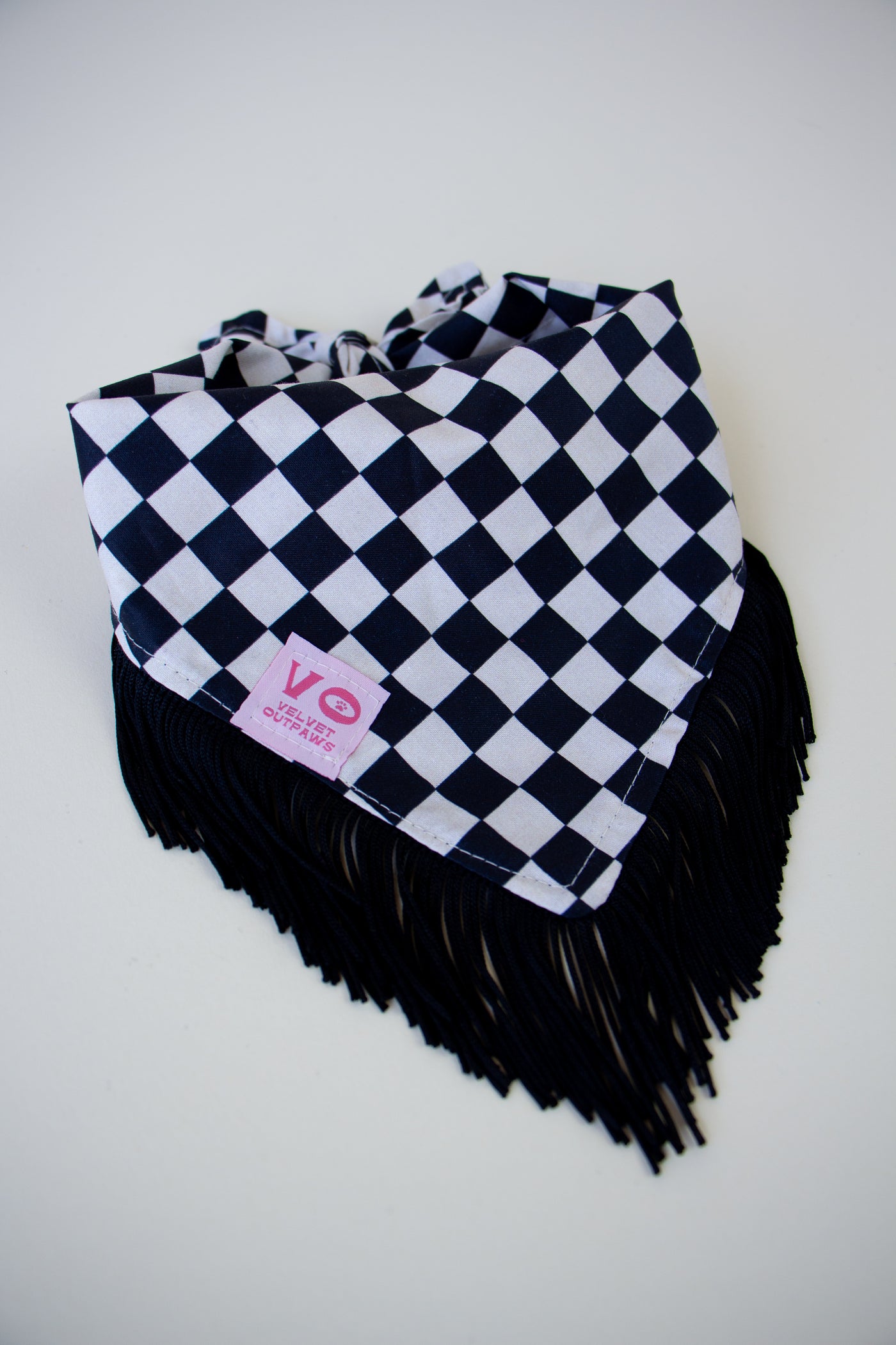 Black & White Checker with Black Fringe Dog Bandana