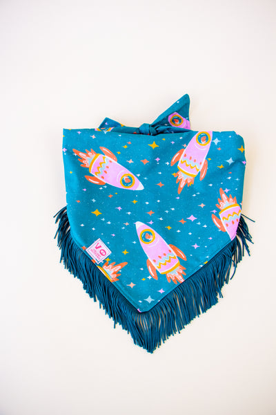 Space Cowboys with Teal Fringe Dog Bandana