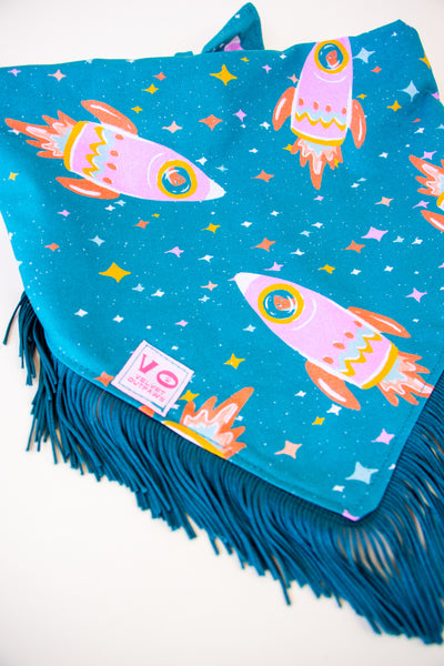 Space Cowboys with Teal Fringe Dog Bandana