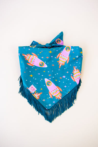 Space Cowboys with Teal Fringe Dog Bandana