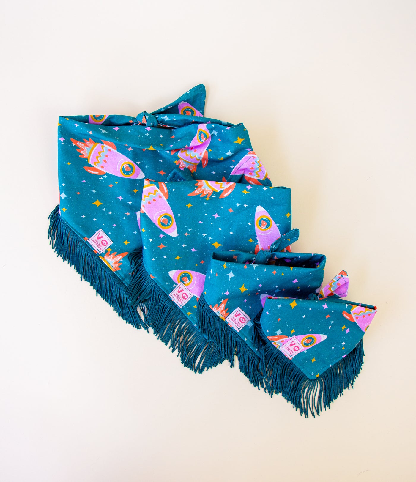 Space Cowboys with Teal Fringe Dog Bandana