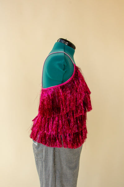 Tinsel Fringe Metallic Hot Pink Top S/M