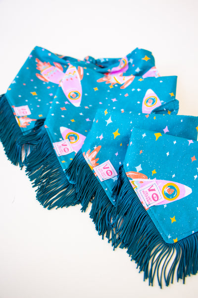 Space Cowboys with Teal Fringe Dog Bandana