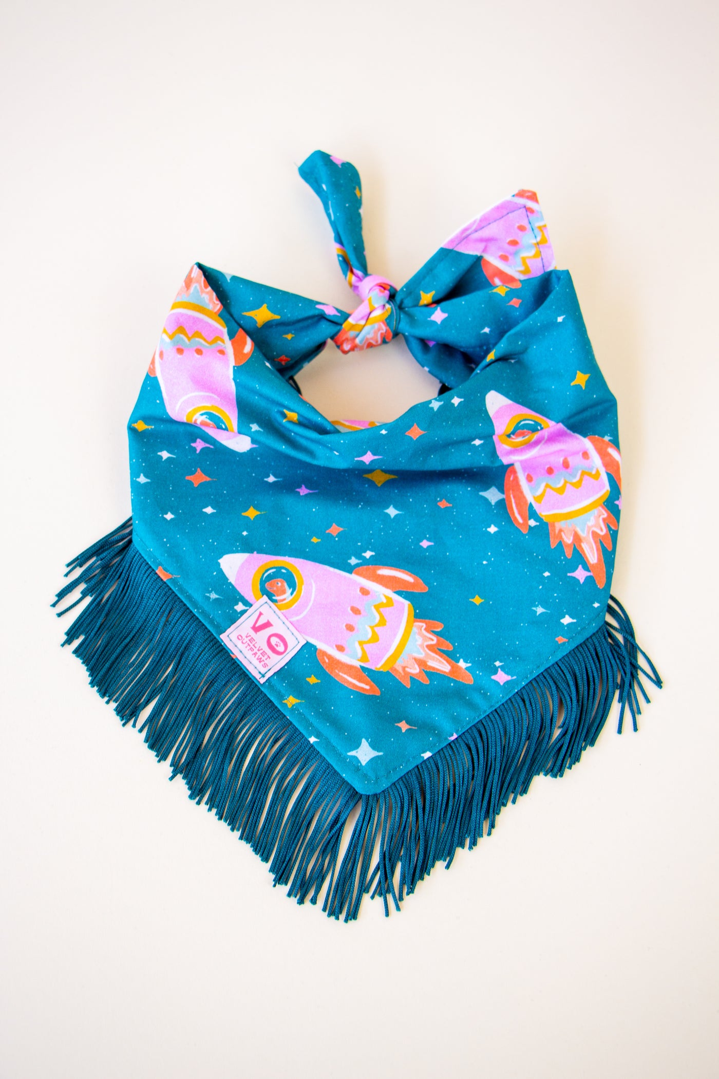 Space Cowboys with Teal Fringe Dog Bandana