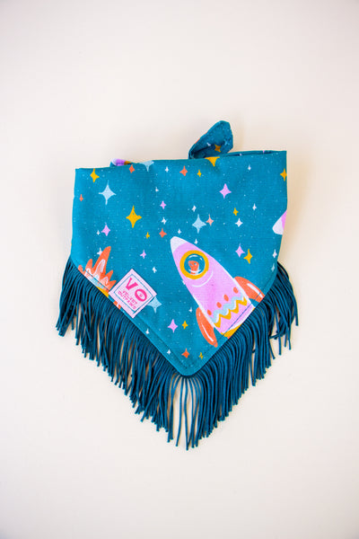 Space Cowboys with Teal Fringe Dog Bandana