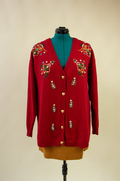 Red Beaded 80's Holiday Sweater