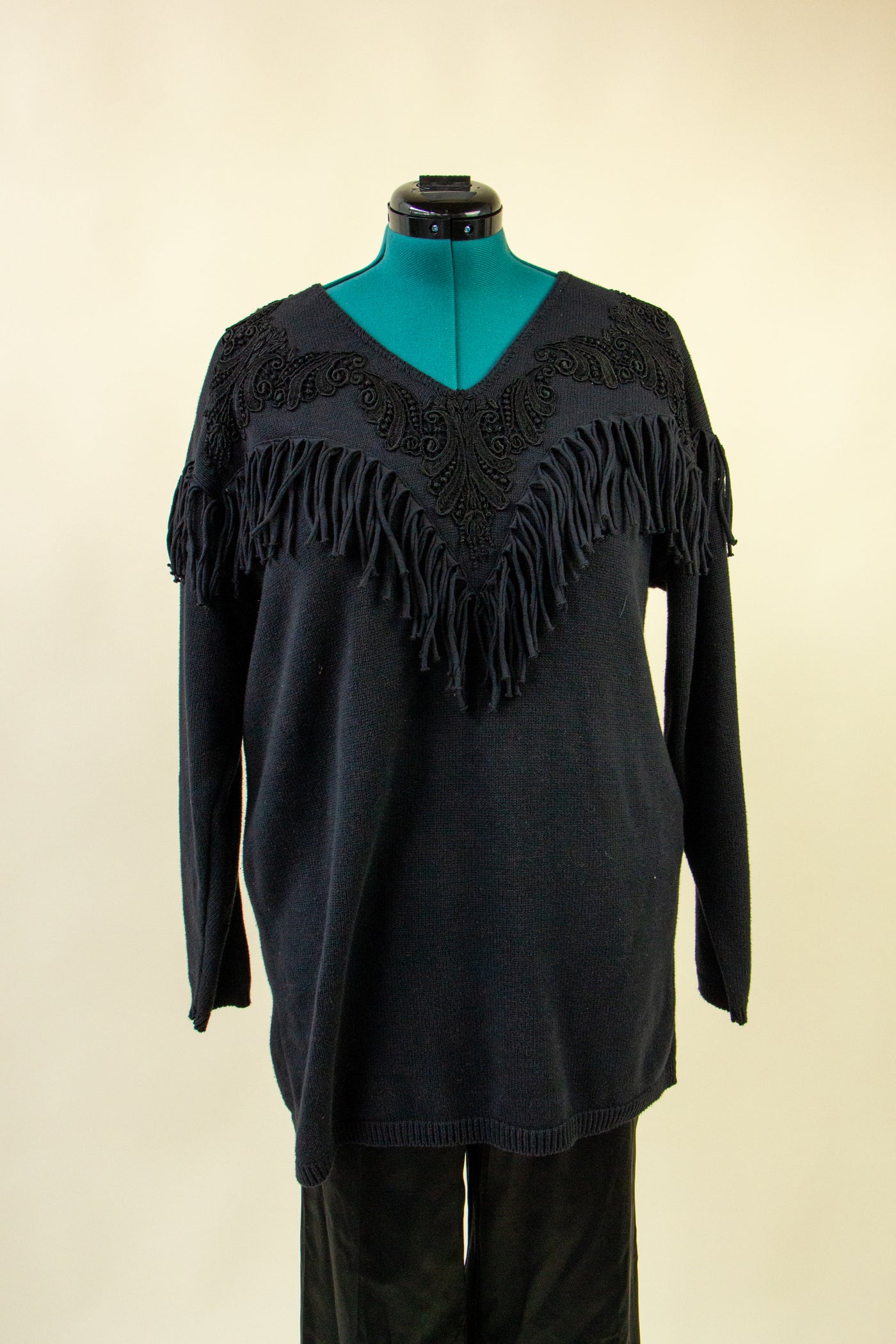 Black Western Inspired Sweater with Fabric Fringe