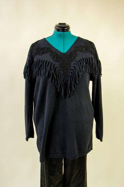 Black Western Inspired Sweater with Fabric Fringe