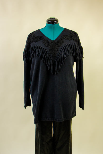 Black Western Inspired Sweater with Fabric Fringe