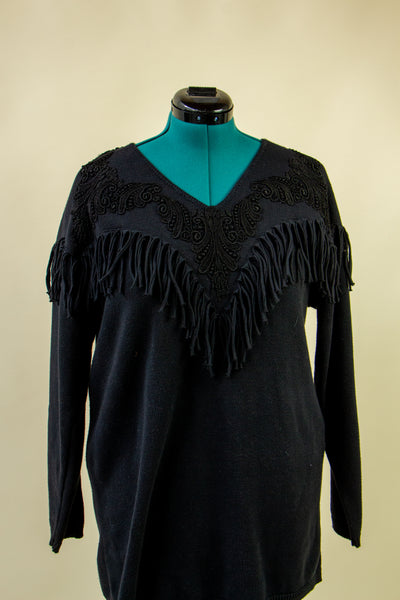 Black Western Inspired Sweater with Fabric Fringe