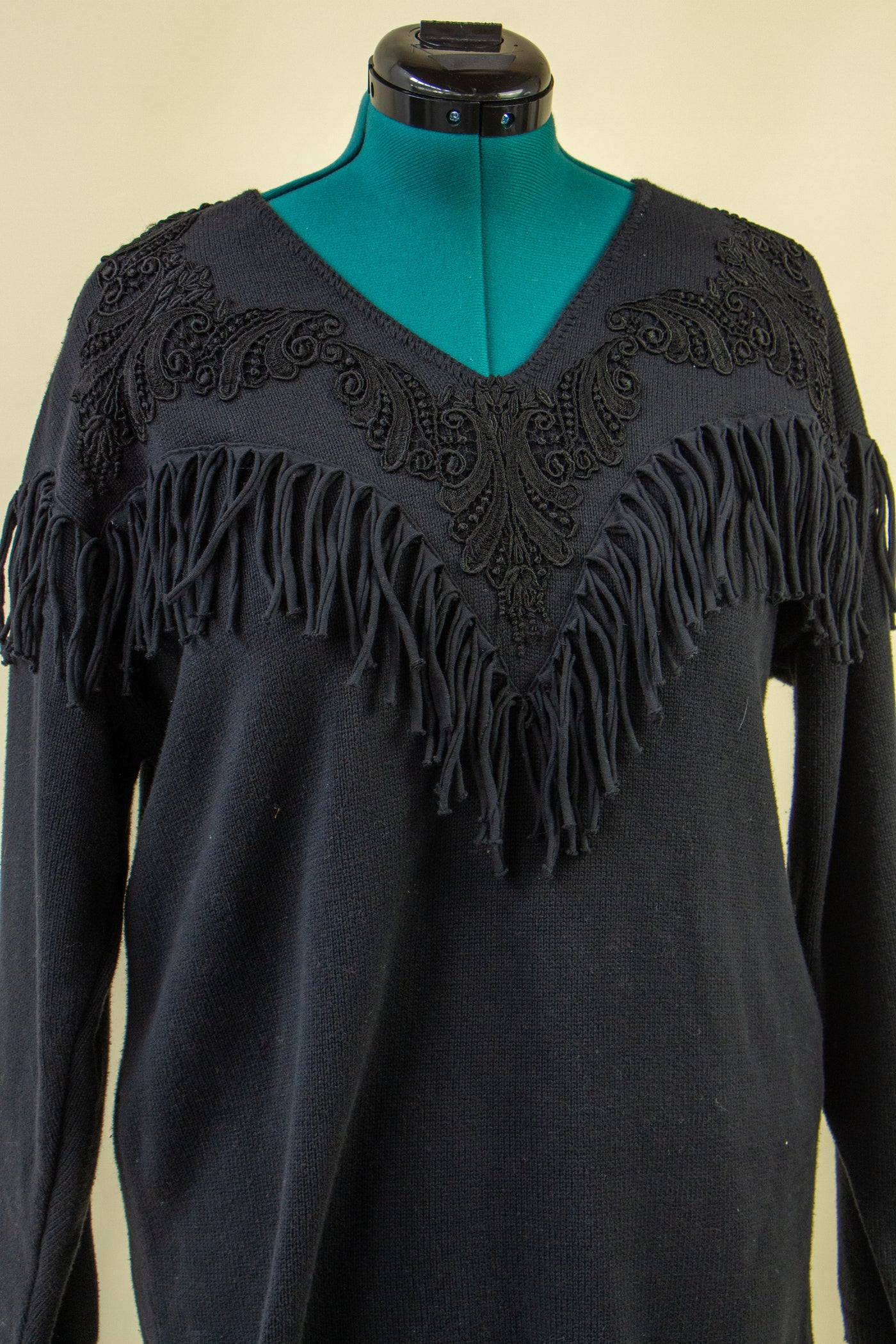 Black Western Inspired Sweater with Fabric Fringe