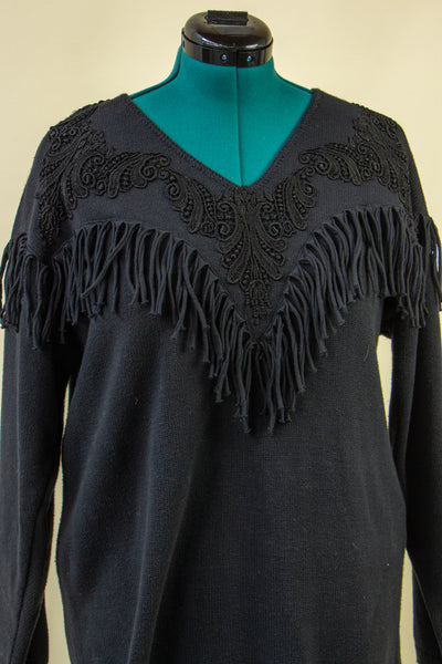 Black Western Inspired Sweater with Fabric Fringe