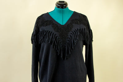 Black Western Inspired Sweater with Fabric Fringe