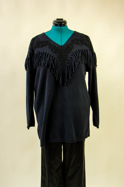 Black Western Inspired Sweater with Fabric Fringe