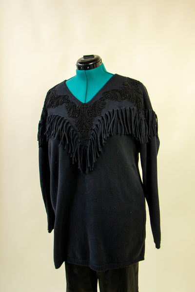 Black Western Inspired Sweater with Fabric Fringe