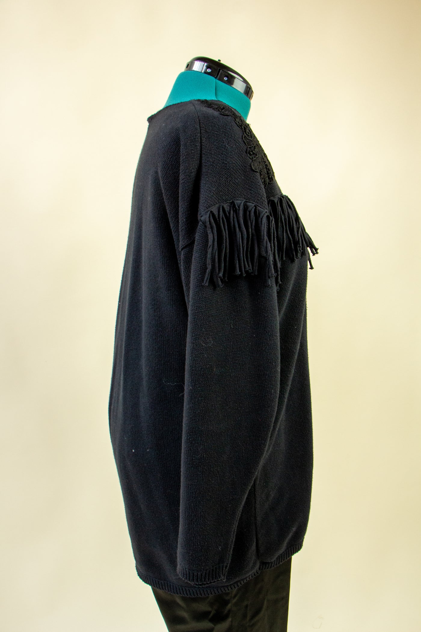 Black Western Inspired Sweater with Fabric Fringe