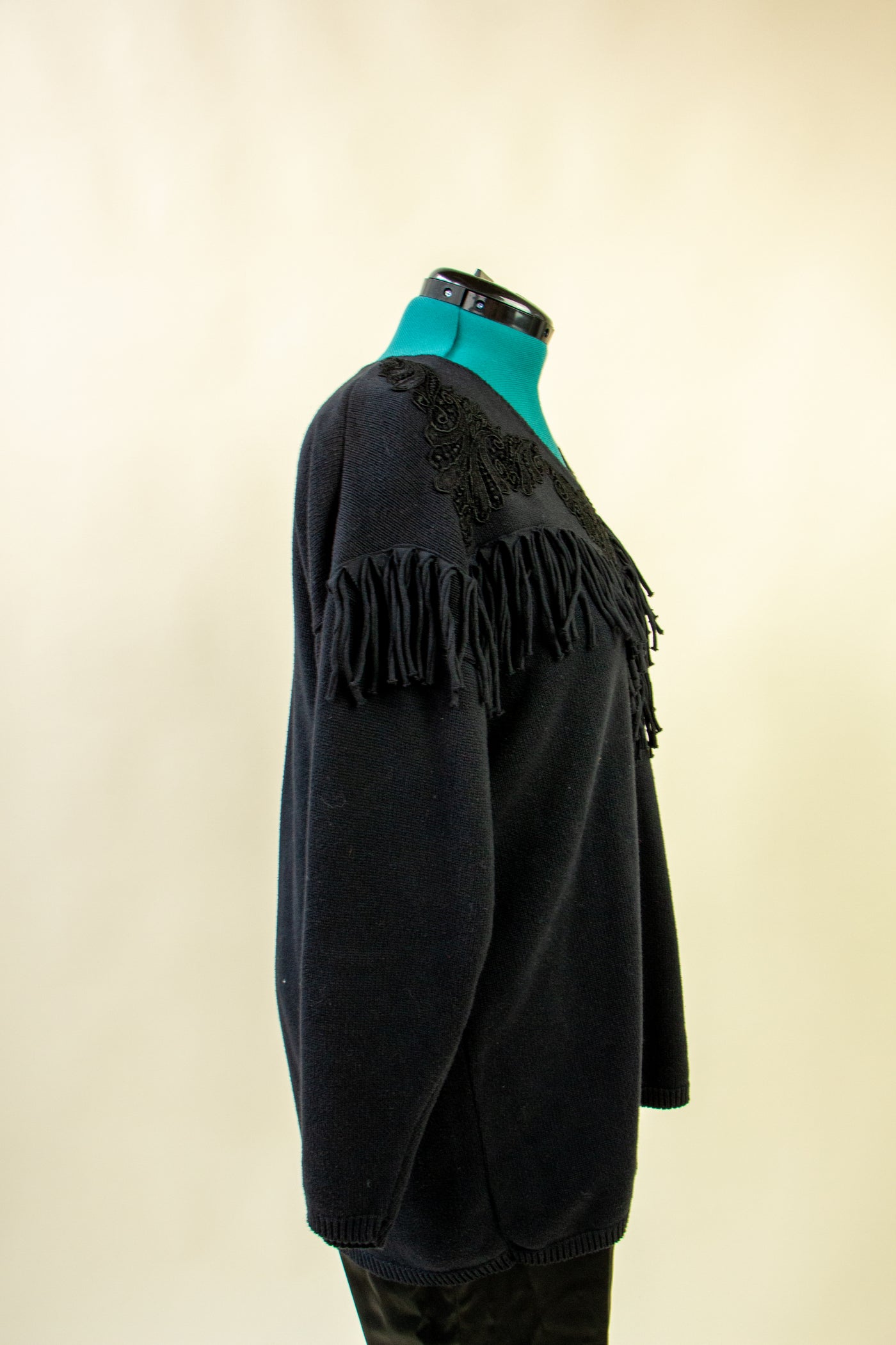 Black Western Inspired Sweater with Fabric Fringe