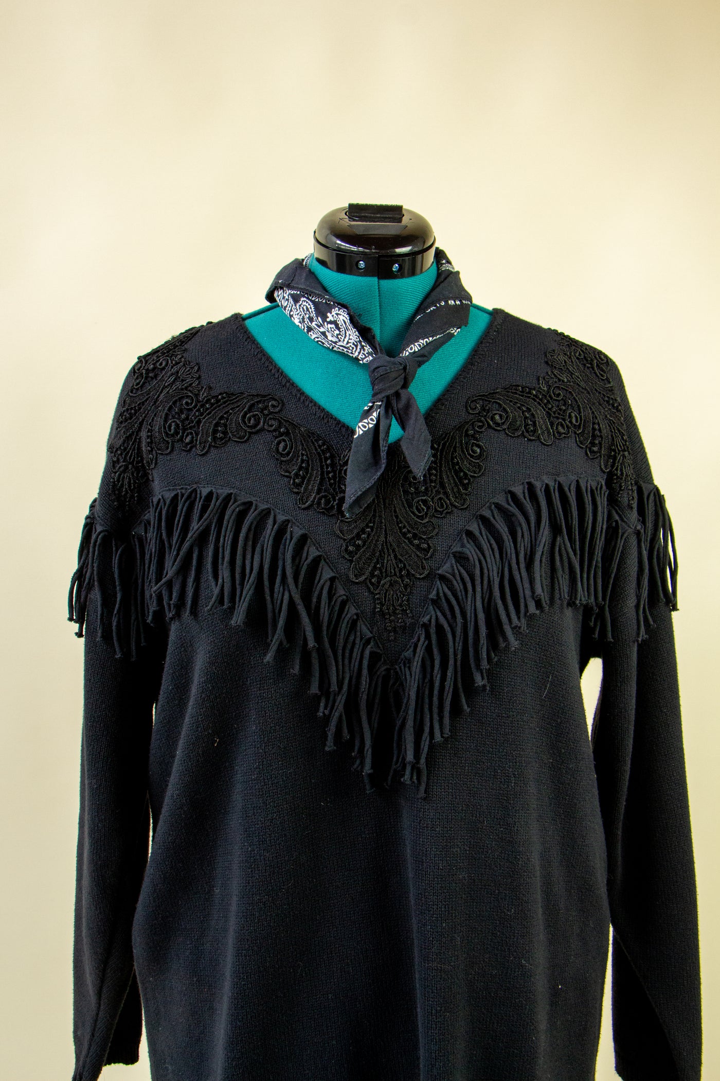 Black Western Inspired Sweater with Fabric Fringe