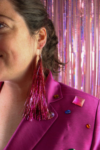Pink Metallic Tinsel Tassel Earrings - Long