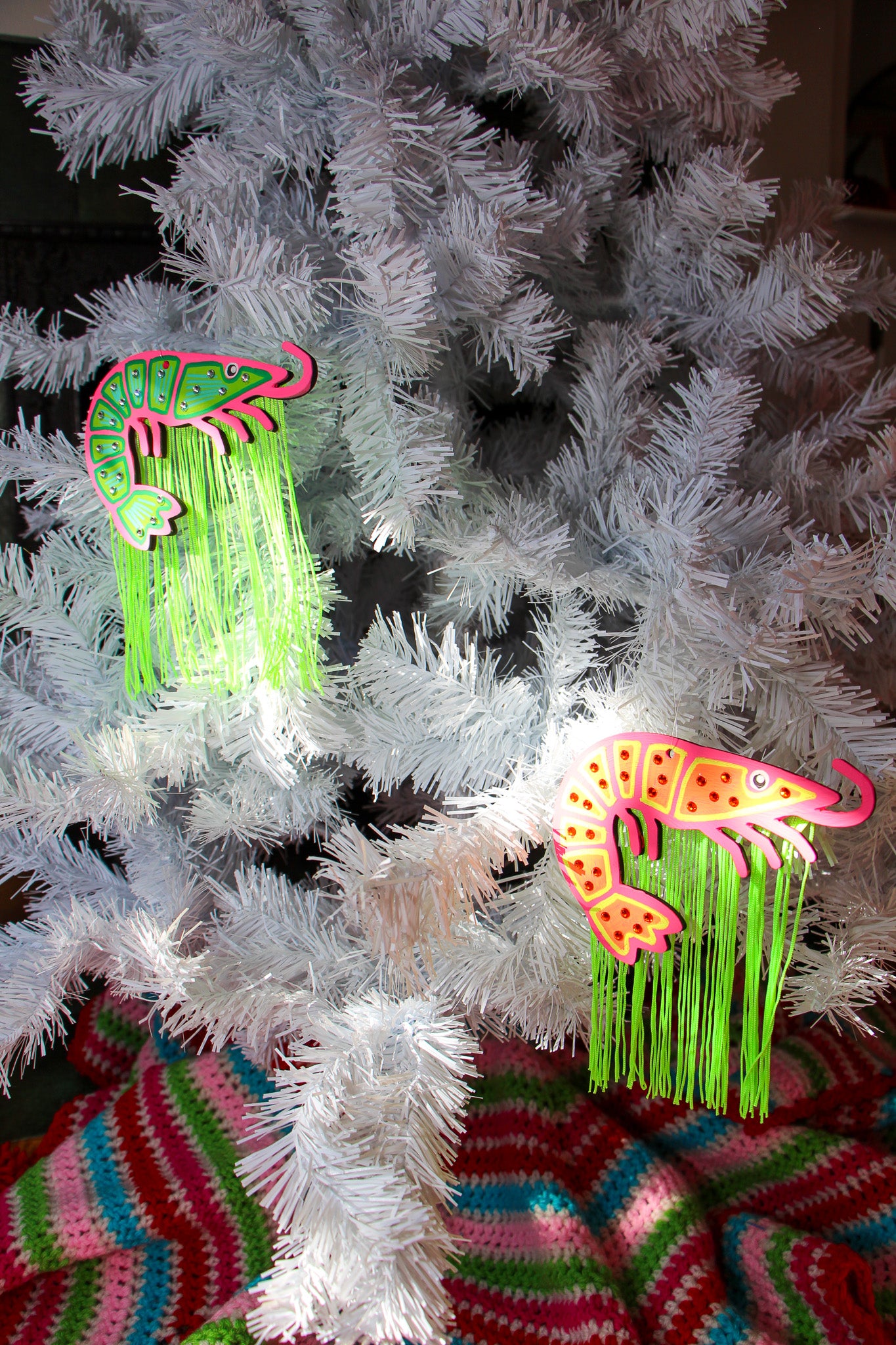 Pink and Green Shrimp Ornament with Green Fringe