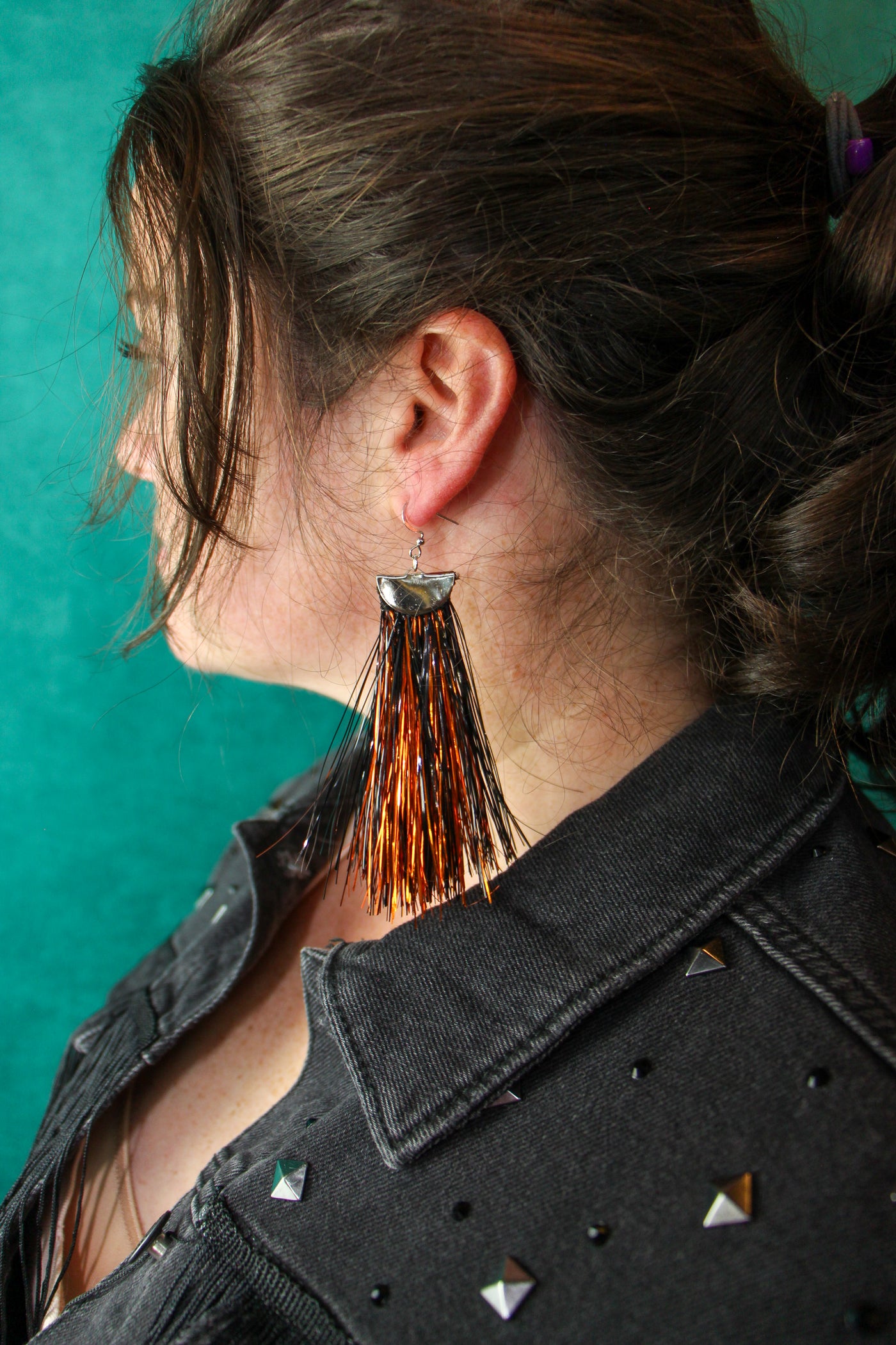 Black and Orange Metallic Tinsel Tassel Earrings - Medium