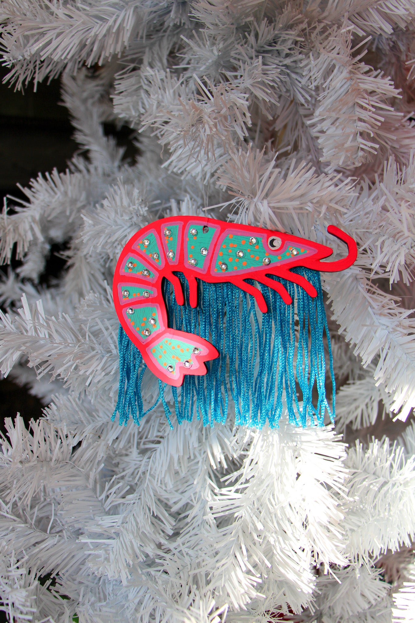 Pink and Blue Shrimp Ornament with Blue Fringe