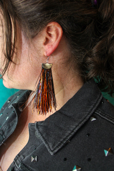Black and Orange Metallic Tinsel Tassel Earrings - Medium