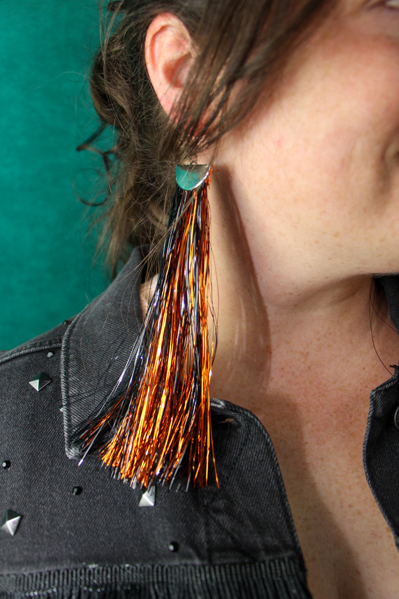 Black and Orange Metallic Tinsel Tassel Earrings - Long