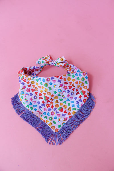 Rainbow Candy Party with Metallic Purple Fringe Dog Bandana