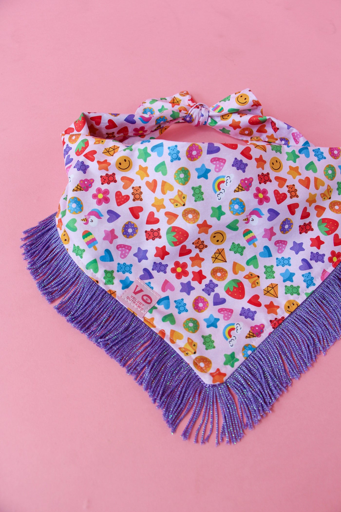 Rainbow Candy Party with Metallic Purple Fringe Dog Bandana