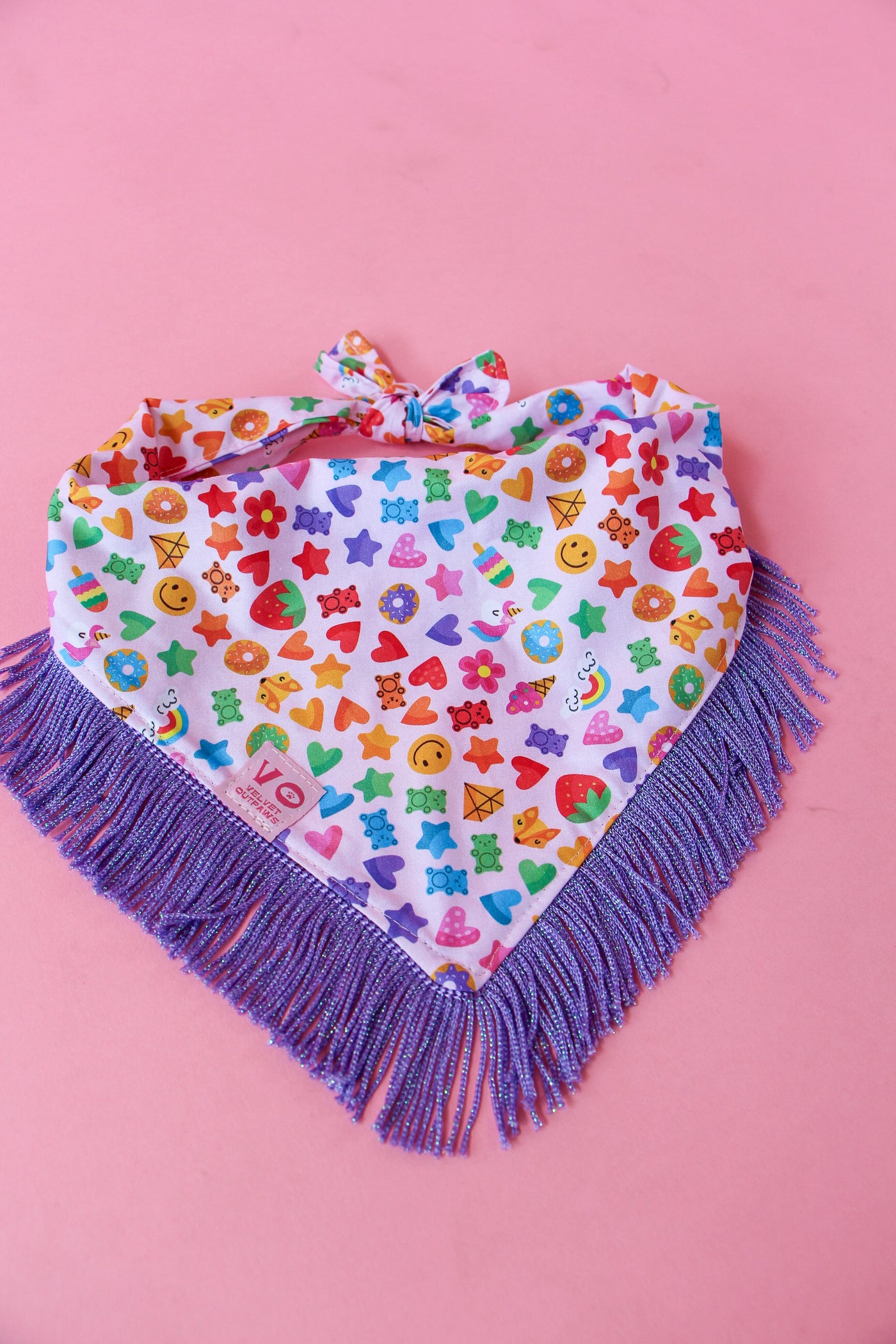 Rainbow Candy Party with Metallic Purple Fringe Dog Bandana