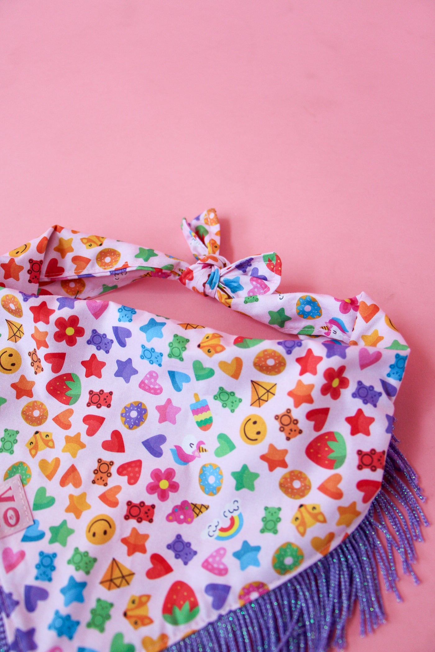 Rainbow Candy Party with Metallic Purple Fringe Dog Bandana