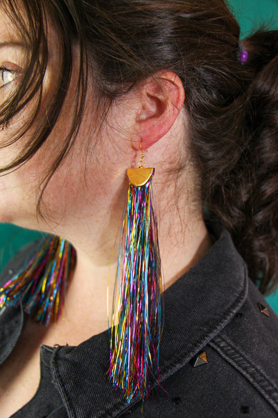 Rainbow Metallic Tinsel Tassel Earrings - Long