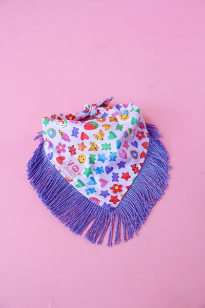 Rainbow Candy Party with Metallic Purple Fringe Dog Bandana