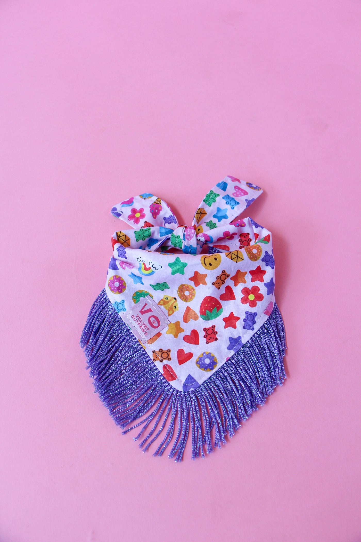 Rainbow Candy Party with Metallic Purple Fringe Dog Bandana