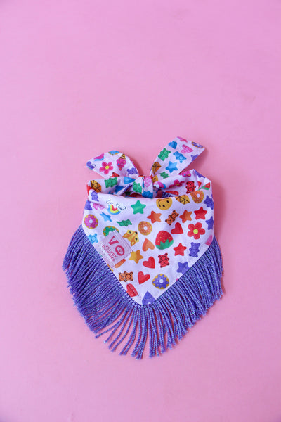 Rainbow Candy Party with Metallic Purple Fringe Dog Bandana