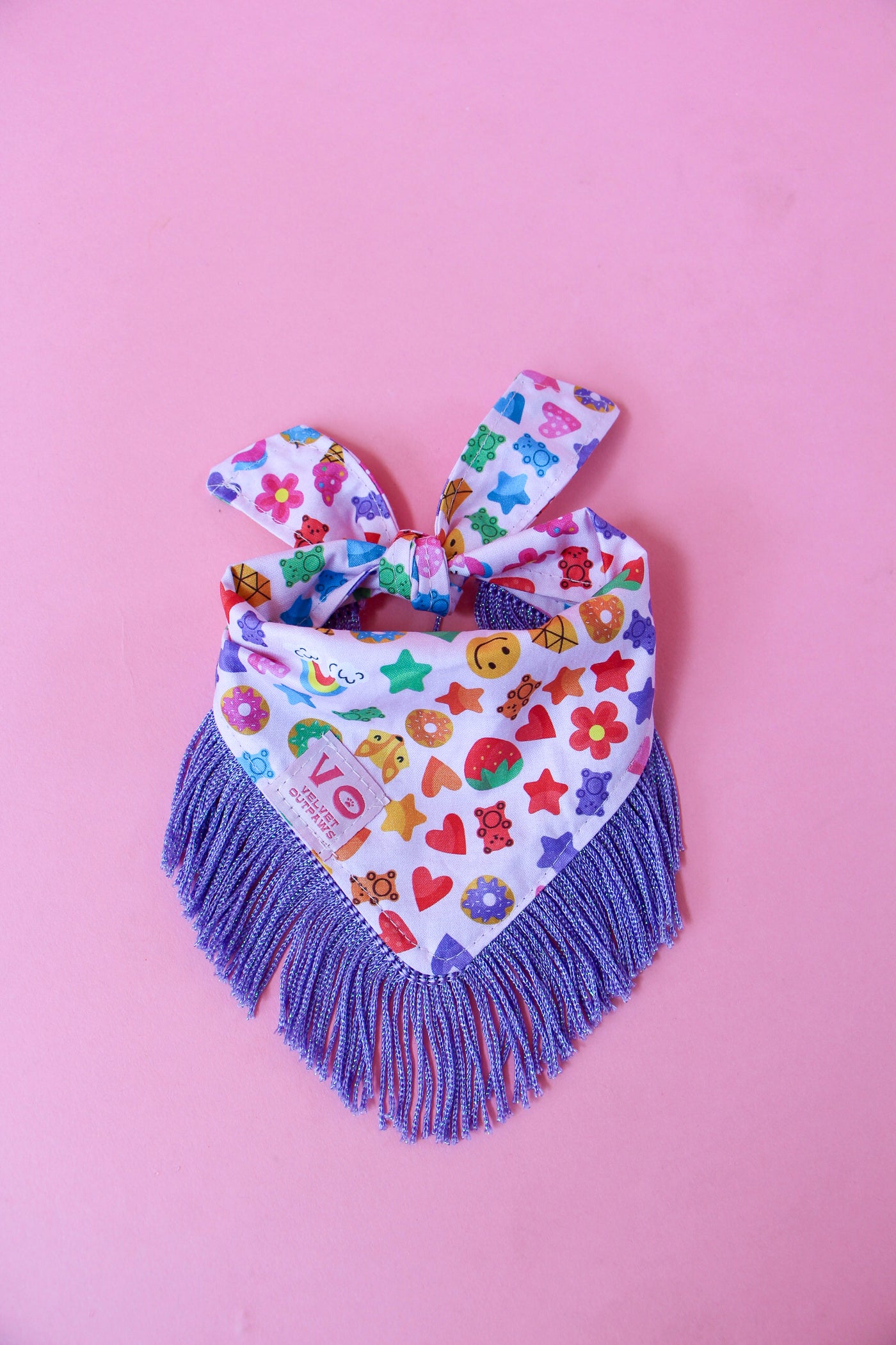 Rainbow Candy Party with Metallic Purple Fringe Dog Bandana