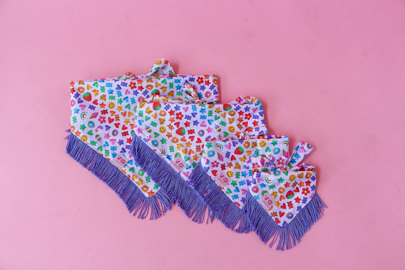 Rainbow Candy Party with Metallic Purple Fringe Dog Bandana