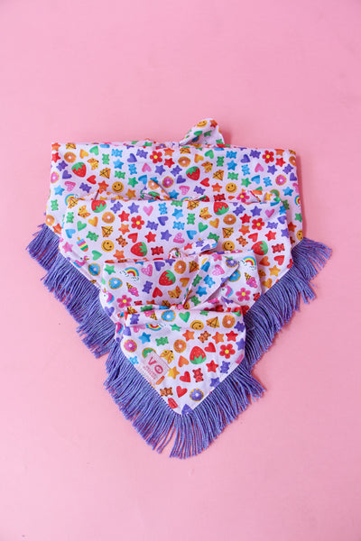 Rainbow Candy Party with Metallic Purple Fringe Dog Bandana