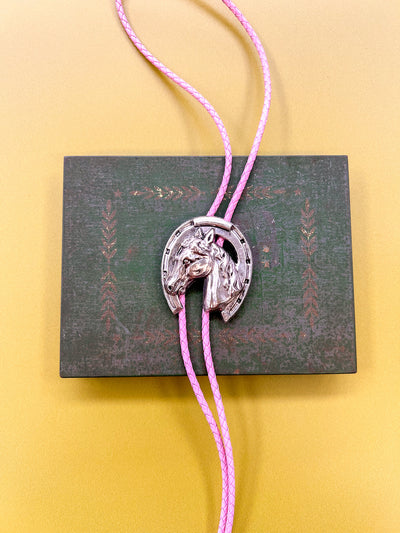 Lucky Horse Pink Braided Leather Bolo Tie