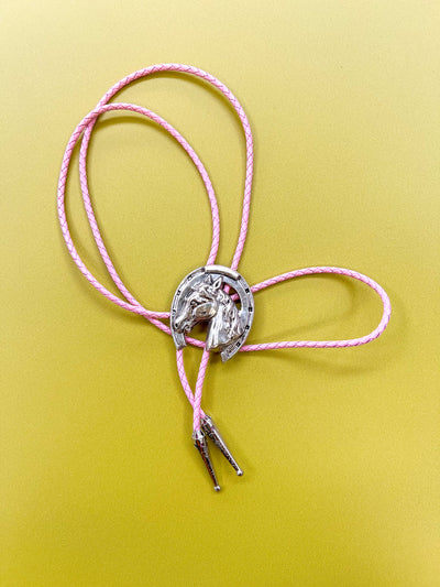 Lucky Horse Pink Braided Leather Bolo Tie