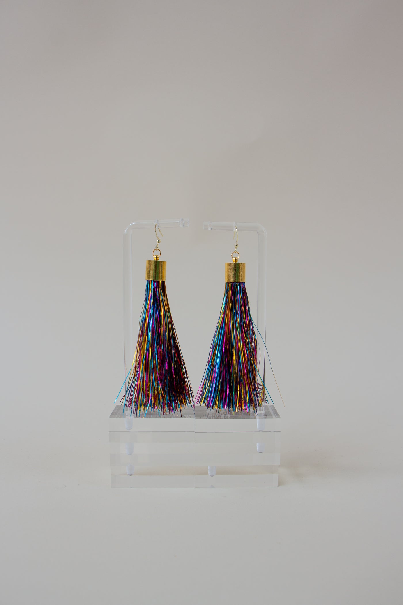 Rainbow Metallic Tinsel Tassel Earrings