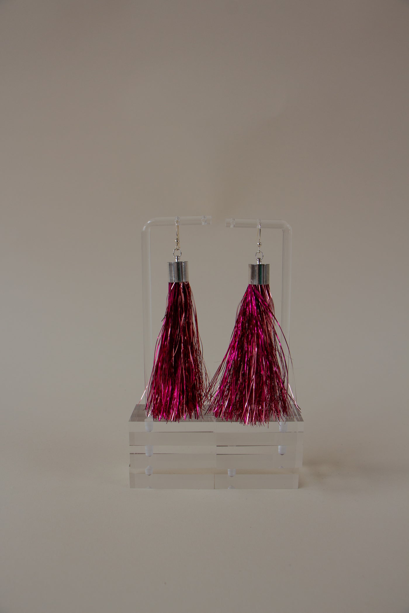 Pink Metallic Tinsel Tassel Earrings
